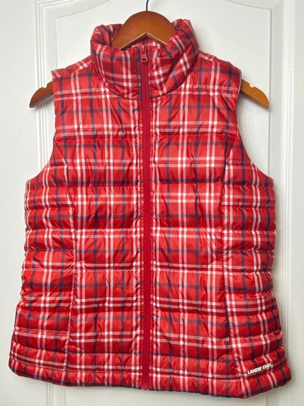 Lands' End Red White Navy Plaid Down Puffer Full Zip Vest Women's Size Small